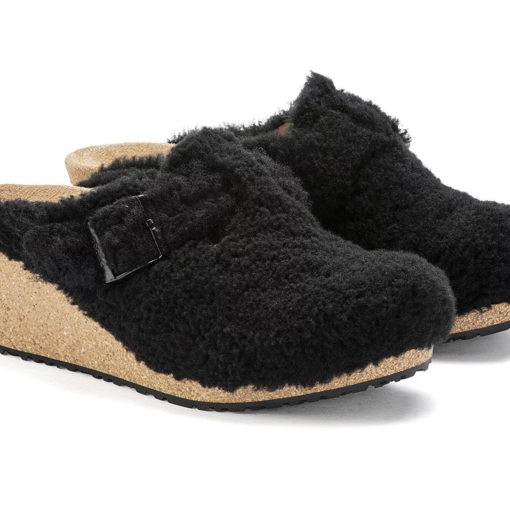 Papillio Black Fuzzy Shearling Clog Mules